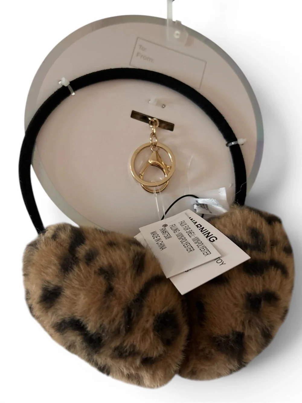 BCBGeneration Leopard Print Faux EarMuffs / Plush Heart Bag Charm Set NWT